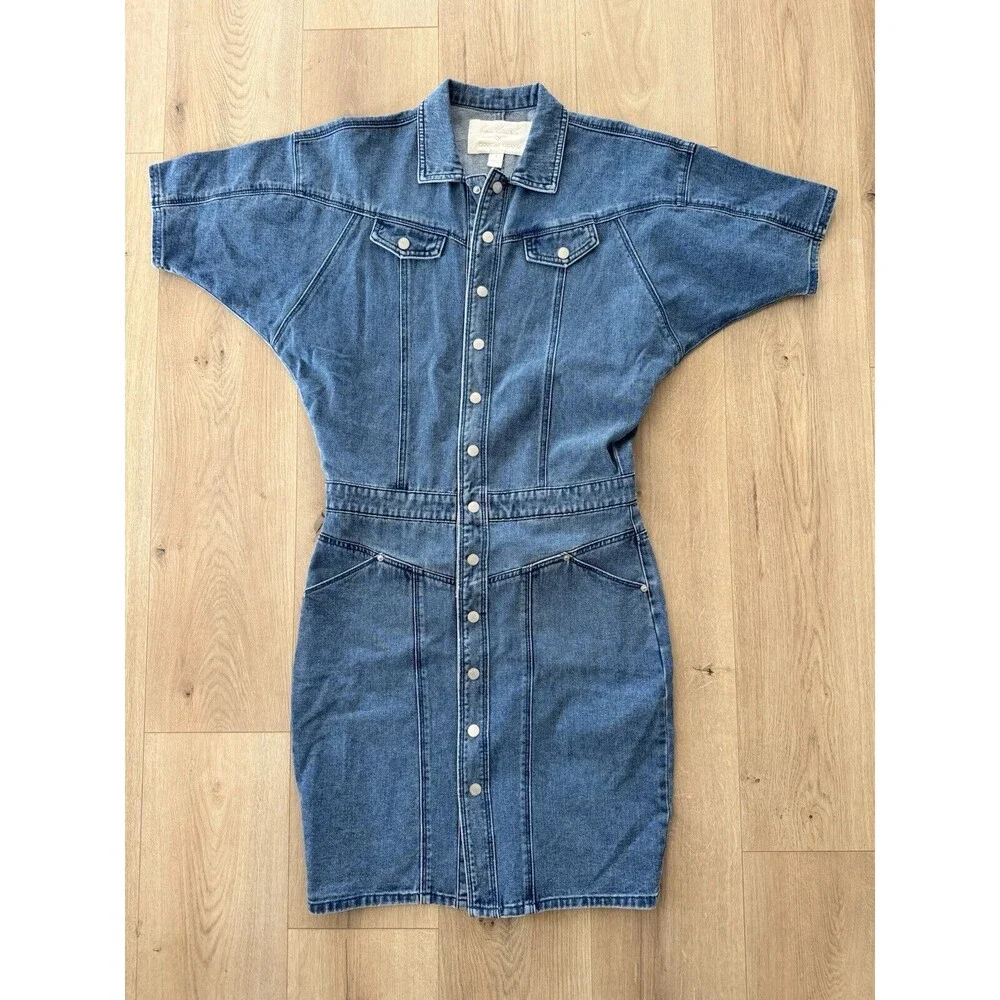 Gloria Vanderbilt Denim Dress Dolman Blue Buttons Pocket Short Sleeve Size 8